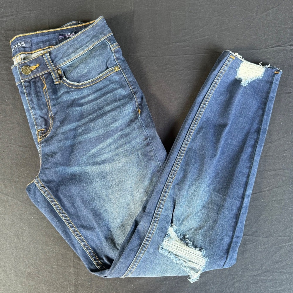 Vigoss Thompson Tomboy Mid Rise Distressed Skinny Jeans Blue W27 L26